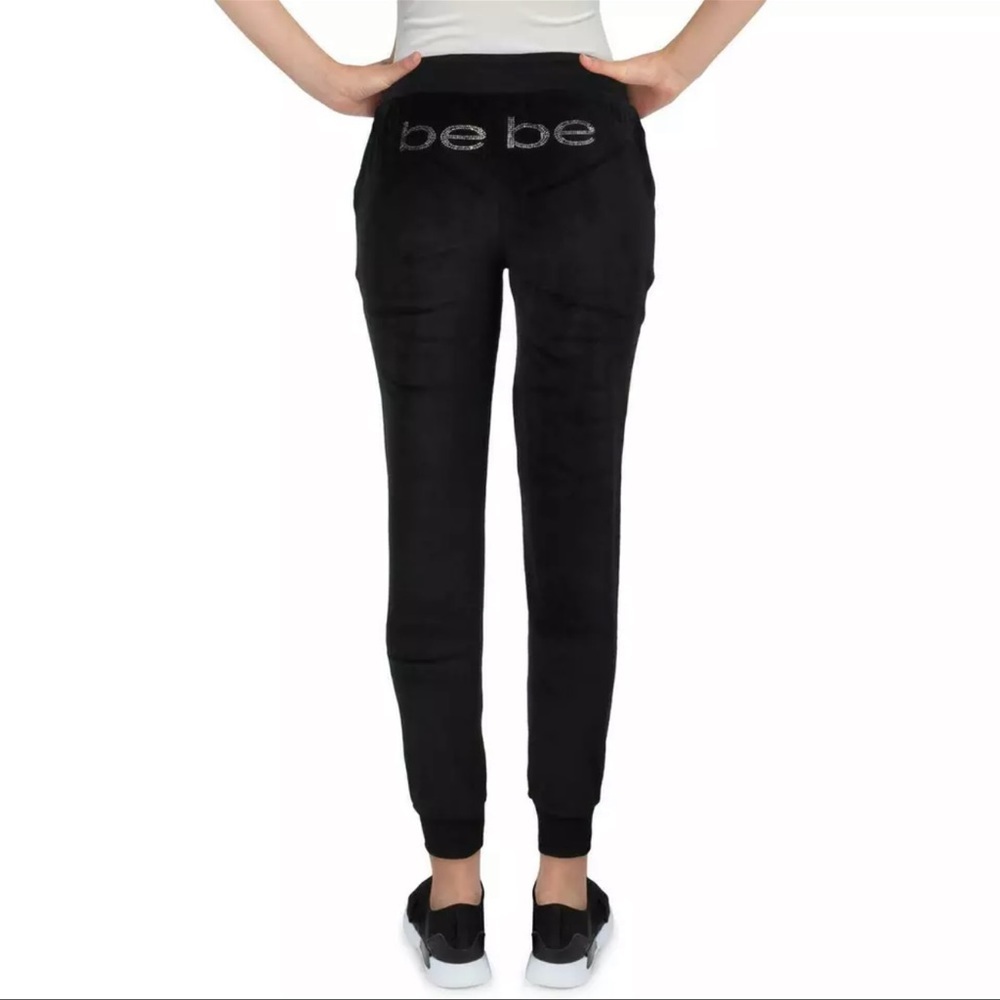 Bebe jogger sweatpant rhinestone Swarovski crystal logo on bum black velour y2k